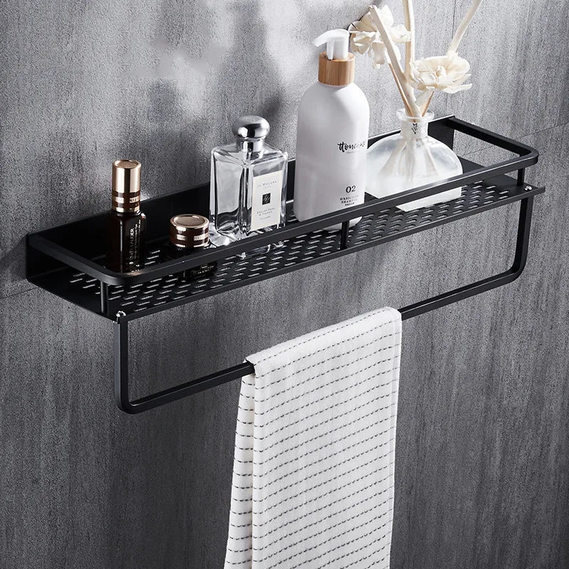 Afralia™ Wall-Mounted Black Aluminum Shampoo Shelf - Square Storage Rack
