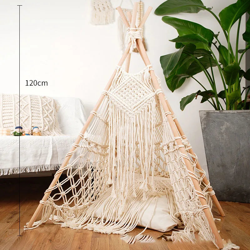 Afralia™ Macrame Kids Tent with Wooden Stick Holder for Boho Decor