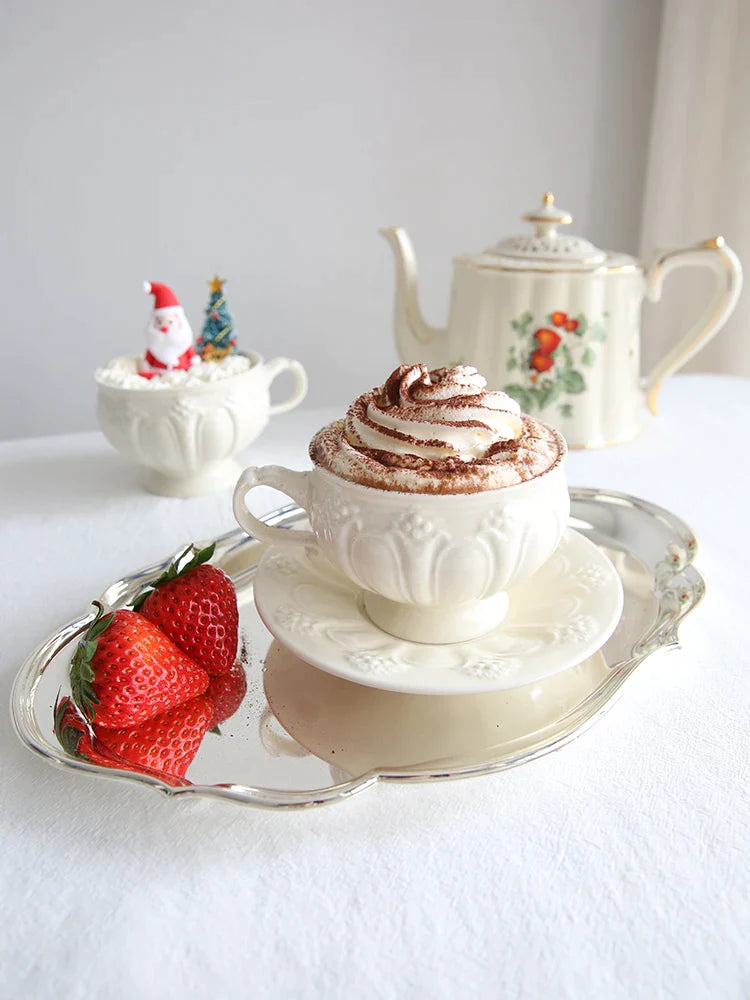 Afralia™ French Garden Cream Ceramic Tea Cup Saucer Set for Elegant Afternoon Tea