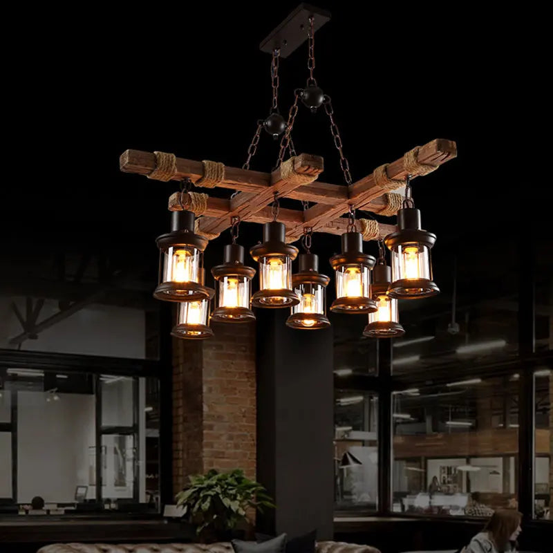 Afralia™ Vintage Wood Chandelier: 8-Head Retro Industrial Glass Pendant Iron Lamp for Cafe, Bar, and Store