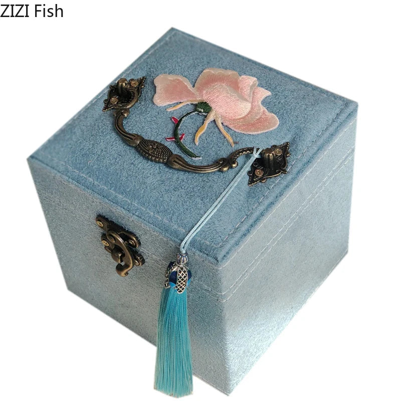 Afralia™ Three-Layer Floral Embroidery Jewelry Organizer & Makeup Box