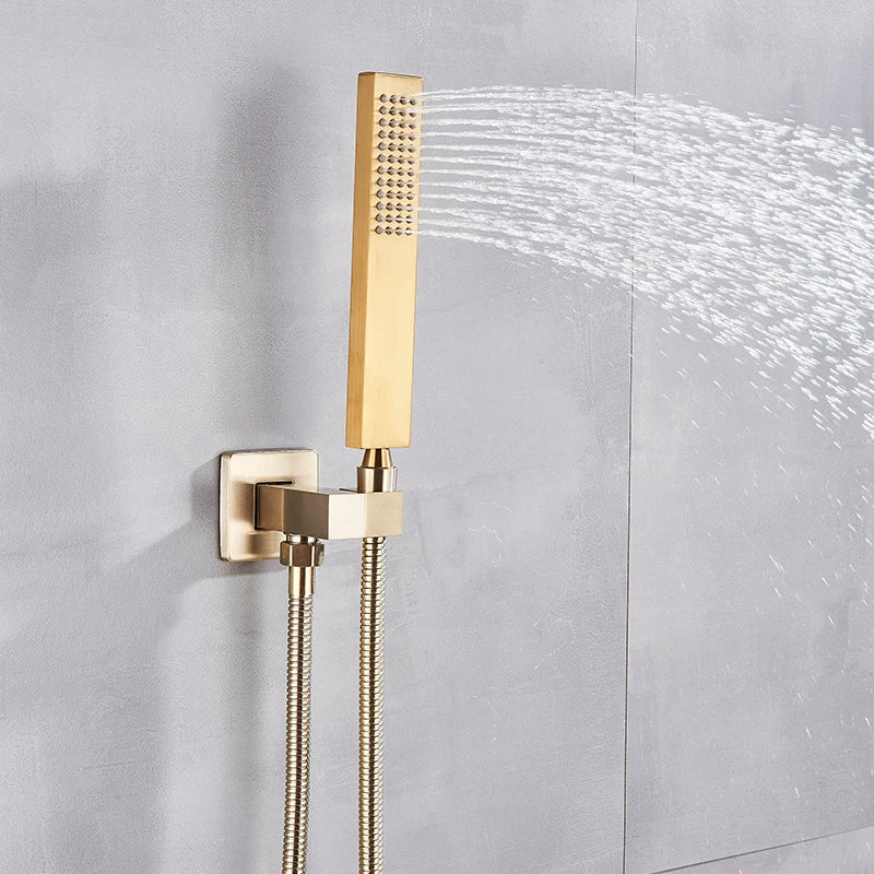 Afralia™ Brushed Gold Shower Mixer: Wall Mount Rainfall Head, Hand Shower, Rotate Tub Spout