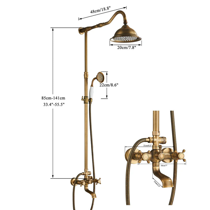 Afralia™ Antique Brass Shower Faucet with Ceramics Hand Spray and 8'' Rainfall Head