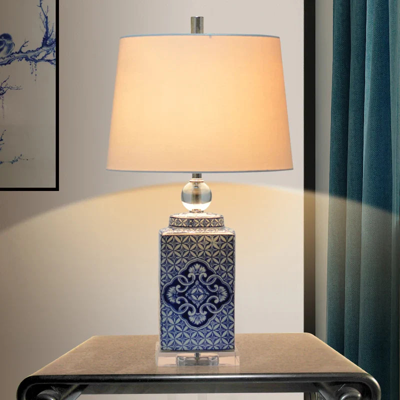 Afralia™ Blue White Porcelain Table Lamp Hat-Covered Jar Bedroom Living Room