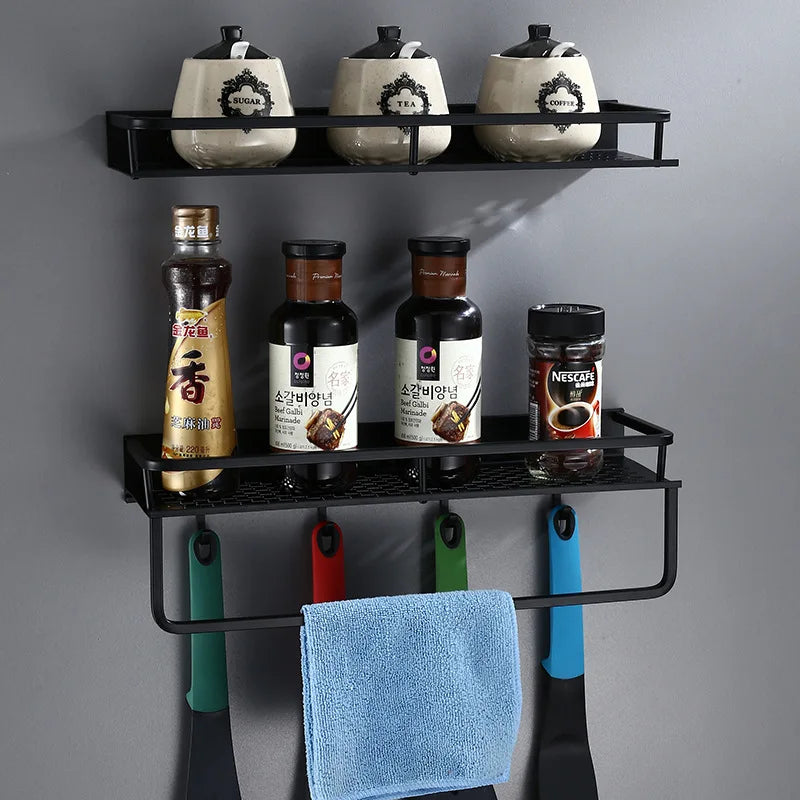 Afralia™ Black Aluminum Bathroom Shelf with Towel Bar Wall Mounted - Bath Shower Shampoo Holder