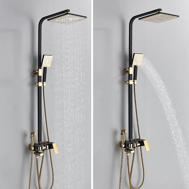 Afralia™ Black Gold Shower Faucet Set with Bidet Function, Wall Mounted Rainfall Mixer