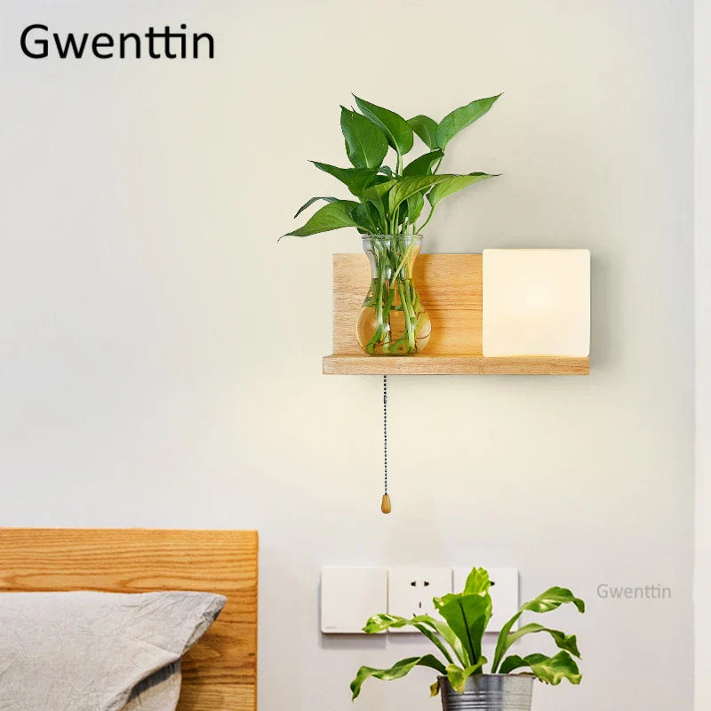 Afralia™ Nordic Wood Glass Wall Lamp LED DIY Plant Sconce Modern Luminaire