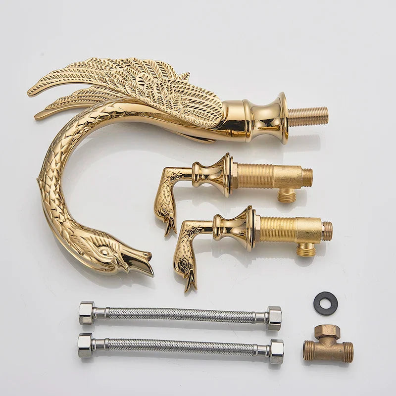 Afralia™ Golden Swan Basin Faucet Double Handle Hot Cold Mixer Tap for Bathroom