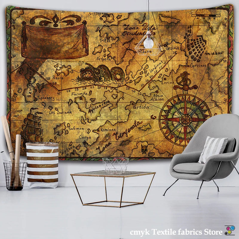 Afralia™ Nautical Chart Tapestry Pirate Treasure Map Wall Hanging Watercolor Table Cover