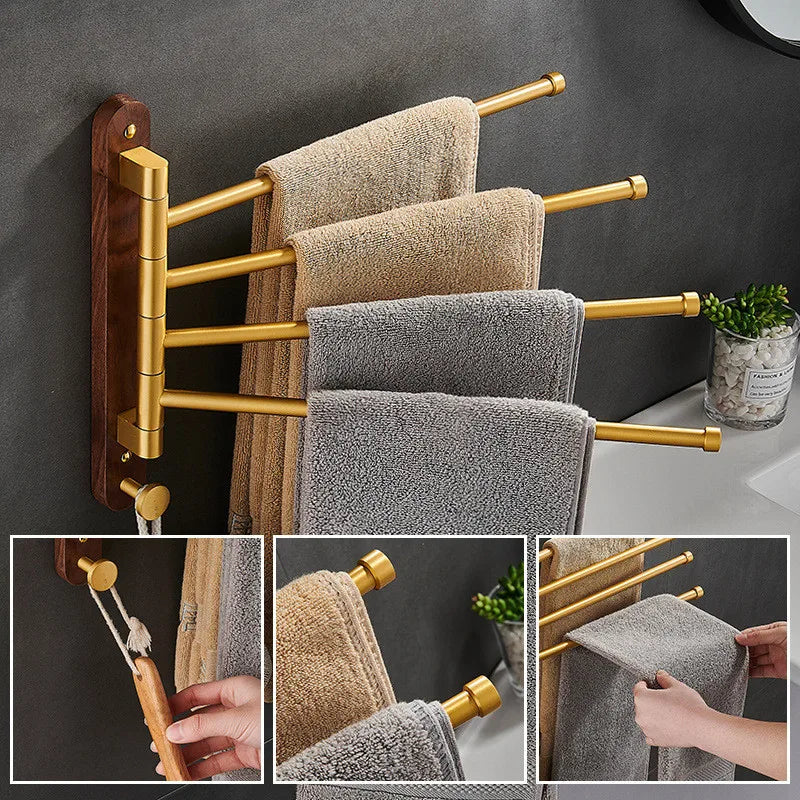 Afralia™ Brushed Gold Wood Swivel Towel Hanger Wall Mounted Folding Bathroom Towel Bar