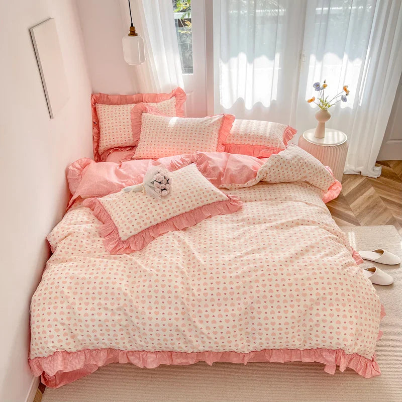 Afralia™ Gardenia Print Princess Bedding Set with Ruffles and Pillowcases