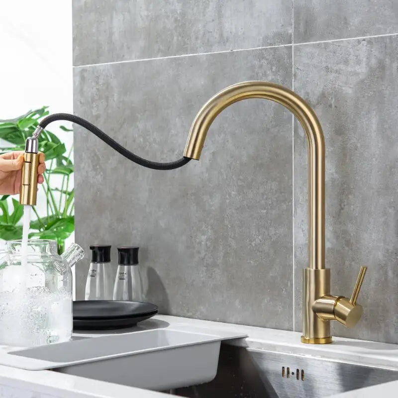Afralia™ Brushed Gold Pull Out Kitchen Faucet - SUS 304 Stainless Steel