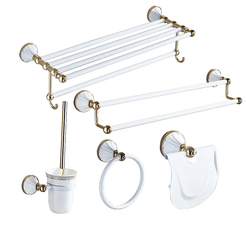 Afralia™ Gold & White Bathroom Accessories Set: Corner Shelf, Paper Holder, Towel Holder, Toilet Brush Holder, Towel Rack