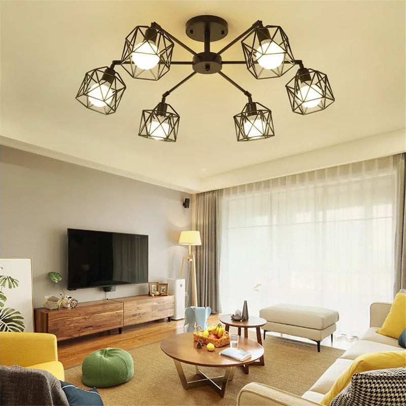 Afralia™ Black Iron Cage Chandelier: Adjustable Spider Design Modern Ceiling Lamp