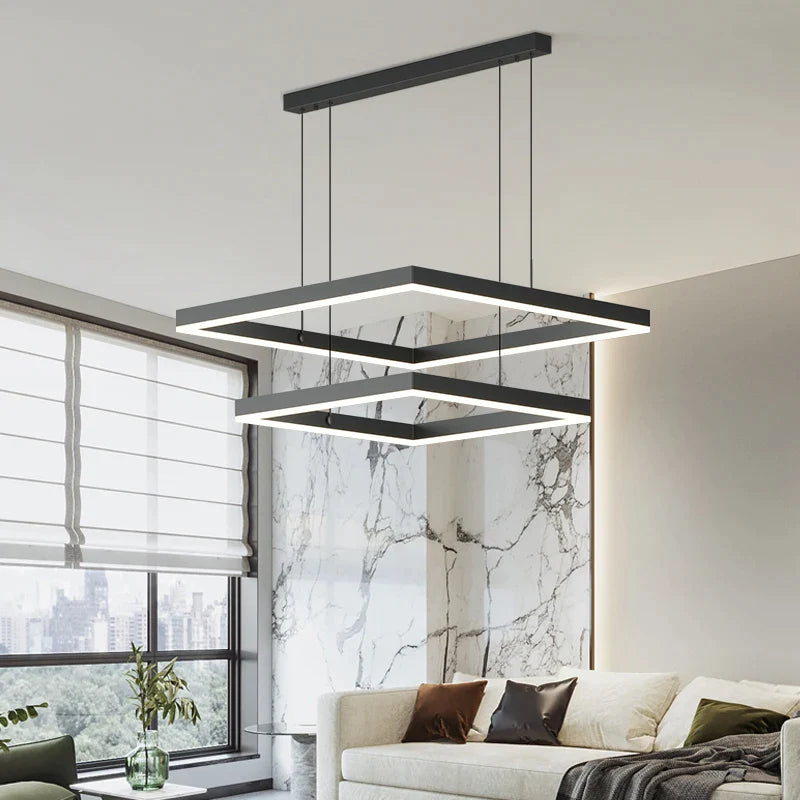 Nordic LED Black Square Chandelier by Afralia™ - Modern Living Room & Kitchen Light Fixture