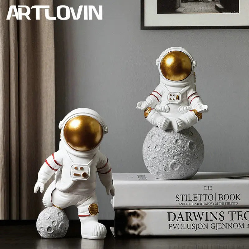Afralia™ Astronaut Figurine Abstract Sculpture Gold Color for Modern Home Decor