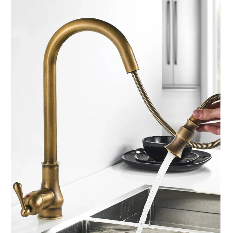 Afralia™ Antique Brass Kitchen Faucet Swivel Spout Pull Down Hot Cold Mixer