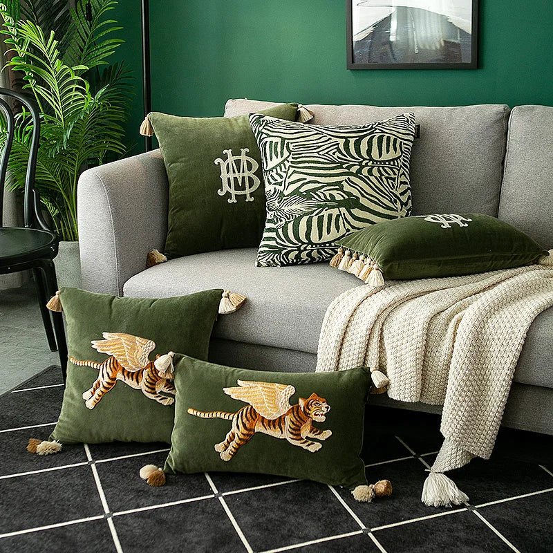 Afralia™ Tiger Wings Embroidered Lumbar Pillow Cover Dark Green Sofa Case 30x50cm