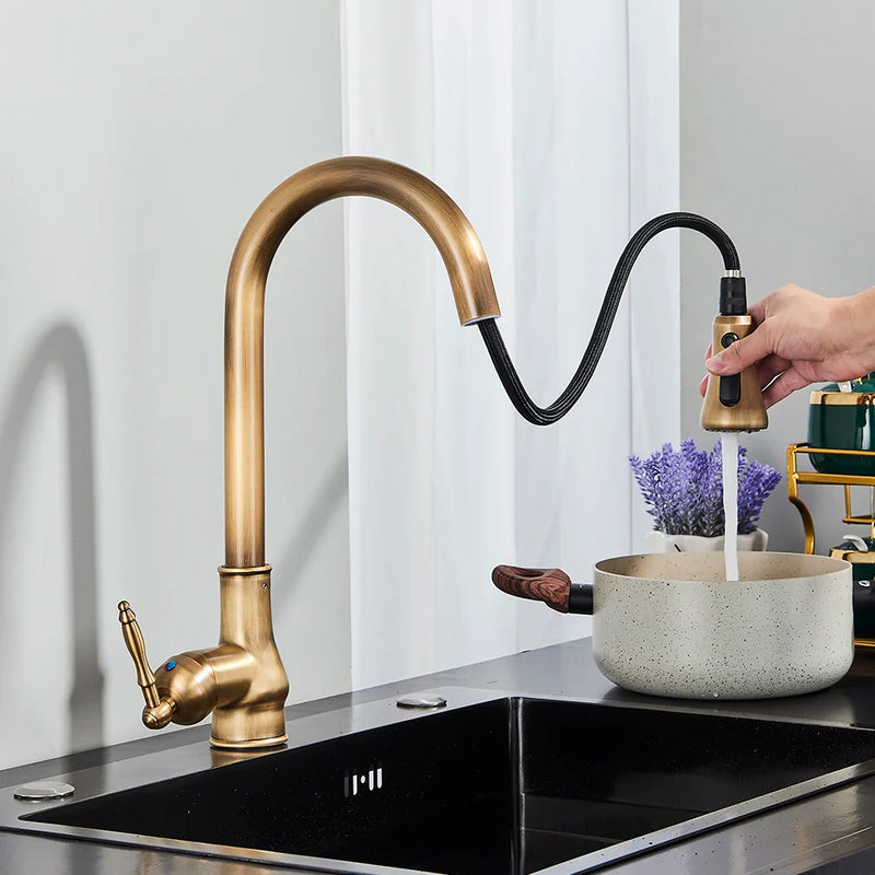 Afralia™ Antique Brass Kitchen Faucet with Pull Down Spout and Single Handle