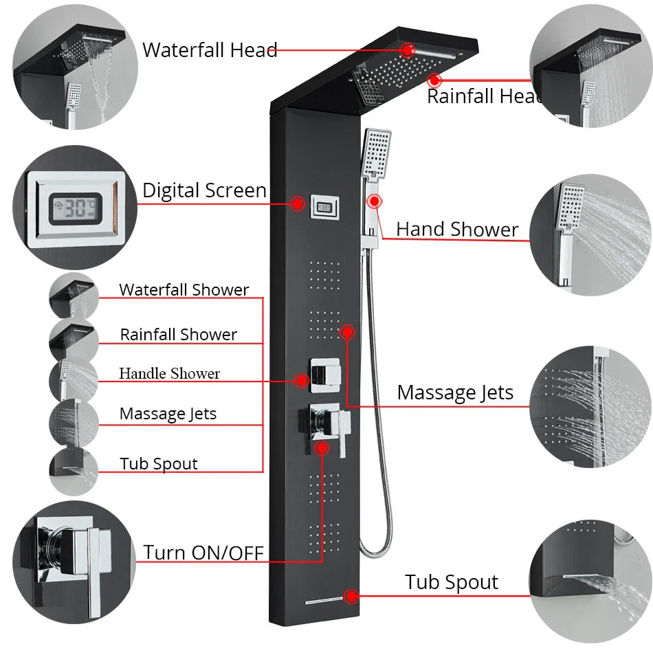 Afralia™ Black Rainfall Shower Panel Set with Massage System and Temperature Screen