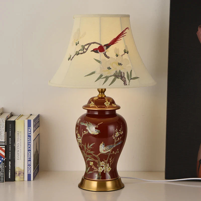 Afralia™ Festive Magpie Embroidery Lampshade & Ceramic Table Lamp - Marriage Home Decor