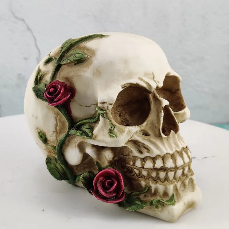 Afralia™ Rose Skull Halloween Decoration Resin Skeleton Head Sculpture Ornament Bar Home Decor