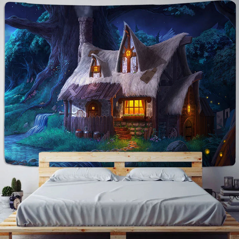 Afralia™ Cabin In The Woods Wall Hanging Tapestry for Home Decor & Halloween Theme