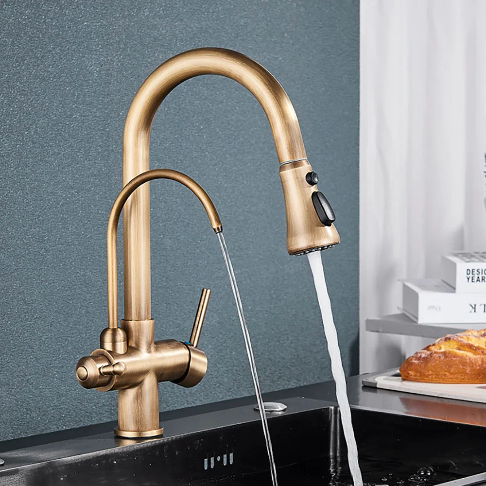 Afralia™ Brass Filter Kitchen Faucet with Rotatable Spout and Dual Handles