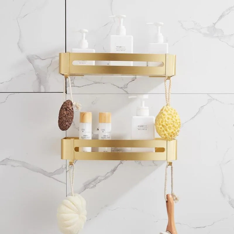 Afralia™ Aluminum Shower Shelf Brushed Gold Wall Mounted Bathroom Corner Shelf