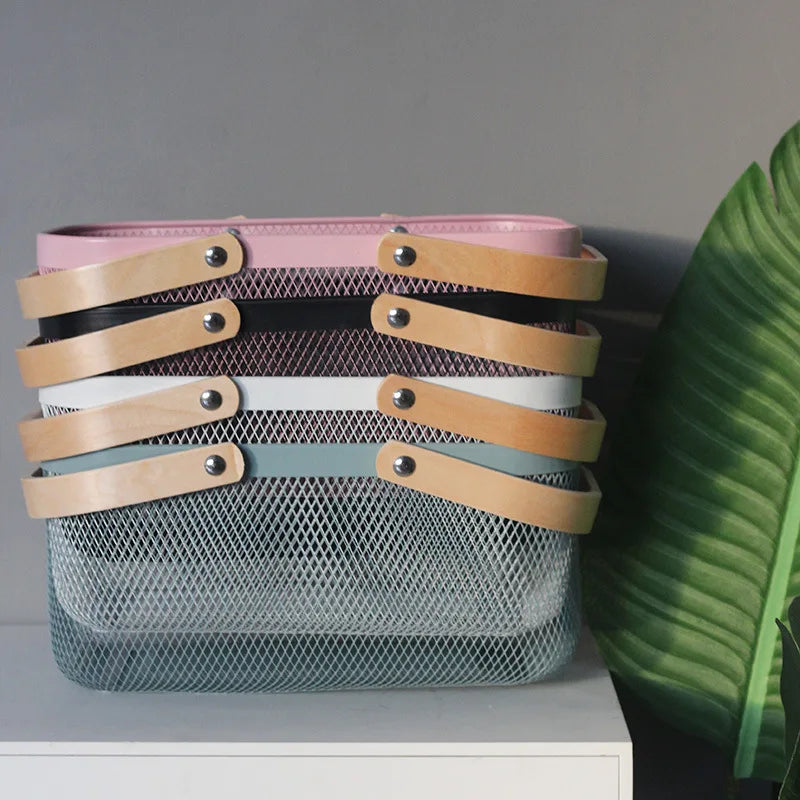 Afralia™ Rectangular Iron Mesh Storage Basket with Wood Handle for Kitchen and Bathroom