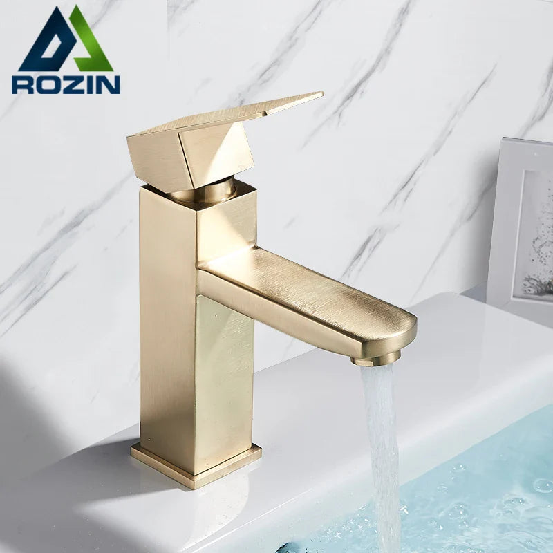 Afralia™ Square Single Lever Basin Faucet, Brushed Gold Finish - Deck Mounted Bathroom Sink Tap