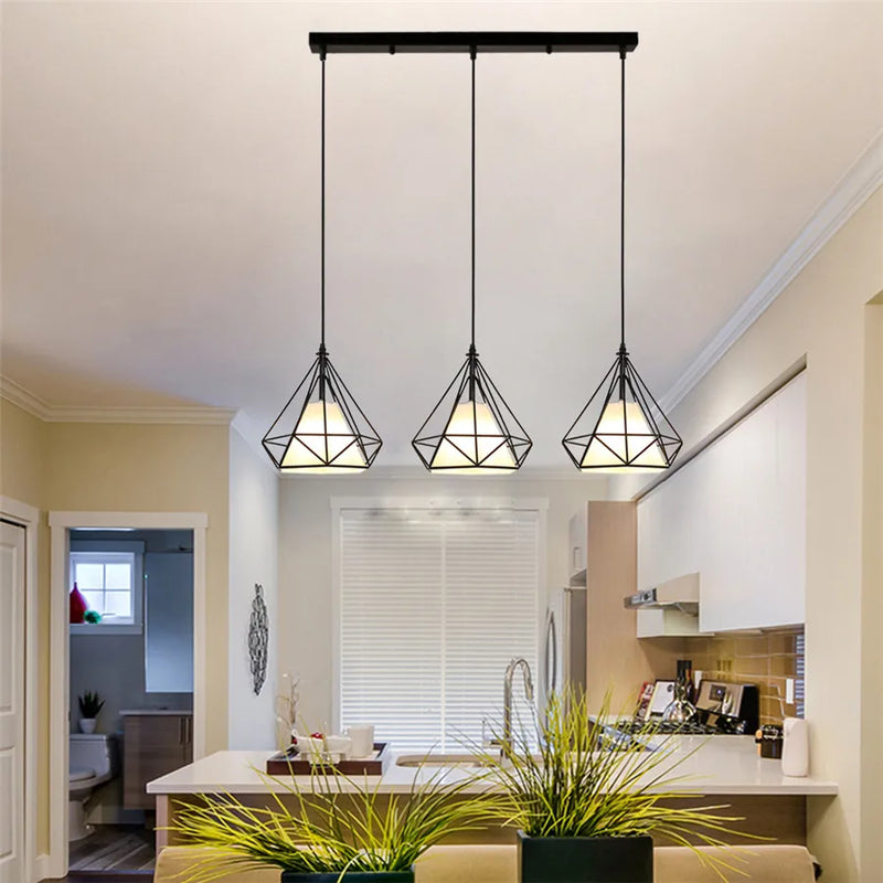 Afralia™ Metal Diamond Cage Pendant Light for Kitchen Bar Restaurant