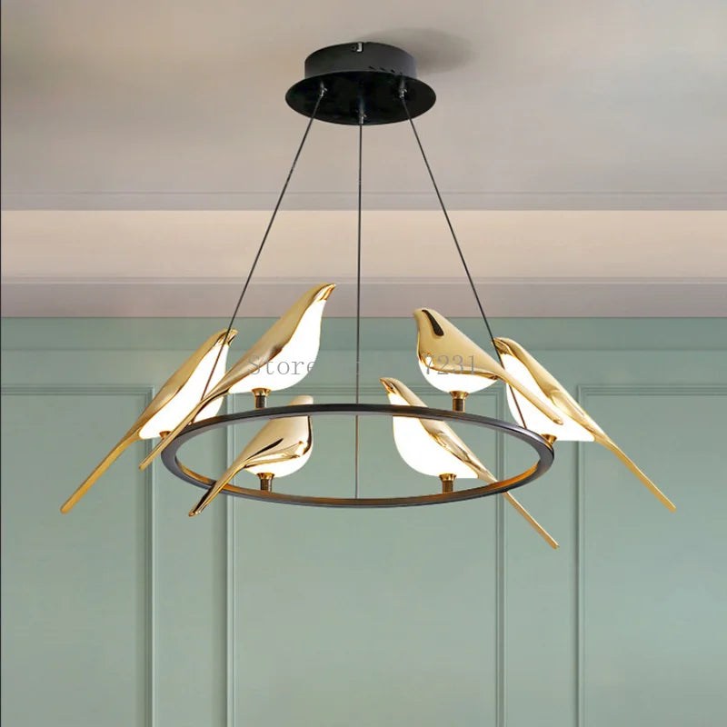 Afralia™ Modern Golden Bird LED Chandelier: 360 Degree Parlor Bar Bedside Hanging Light