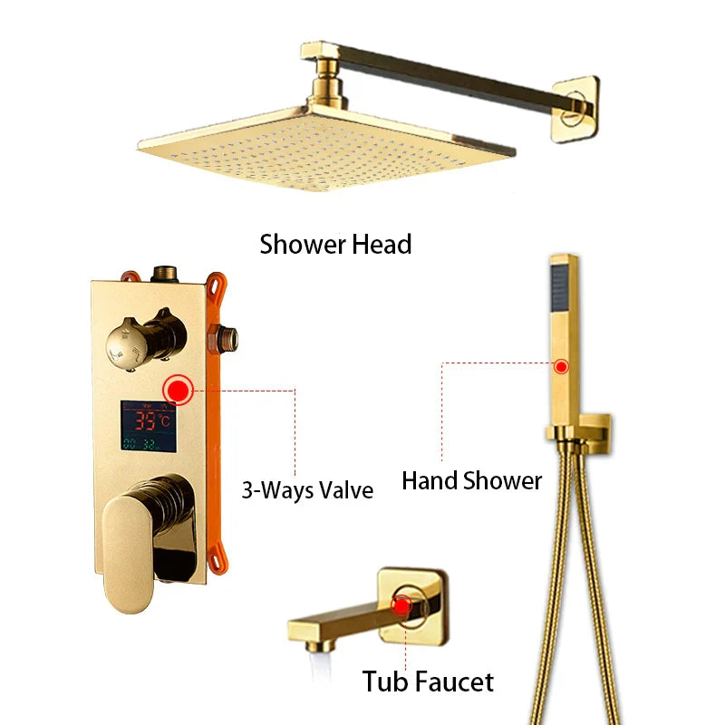 Afralia™ Gold 12" Digital Display Rainfall Shower Faucet with Single Lever Control