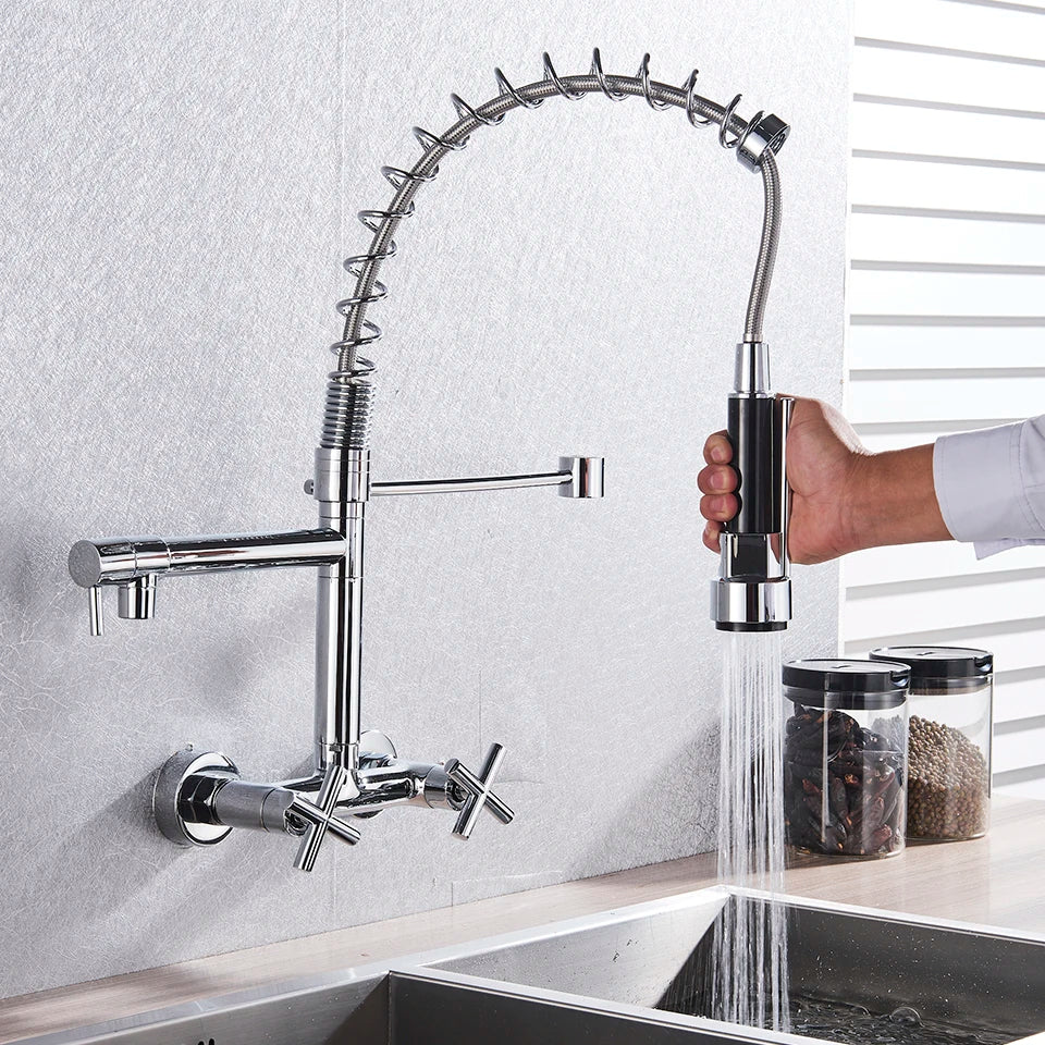 Afralia™ Black Kitchen Faucet Wall Mounted Dual Swivel Spouts Vessel Sink Mixer Tap