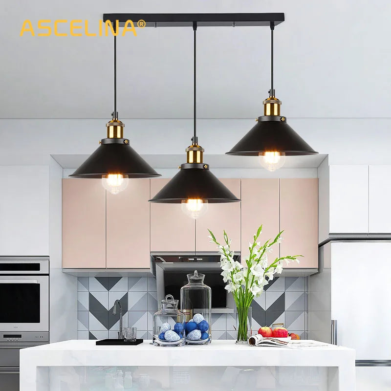 Afralia™ Retro Industrial Iron Chandeliers for Kitchen Bedroom Restaurant Home - Black/Gold 3 Heads