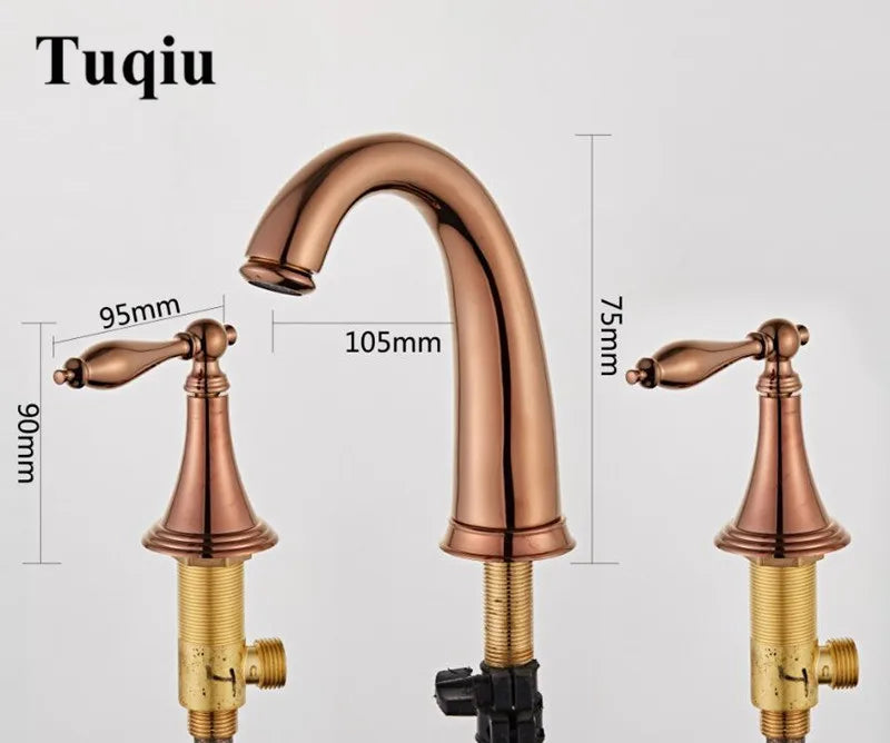 Afralia™ Rose Gold Basin Faucet Luxury Brass Widespread Mixer Hot Cold Tap