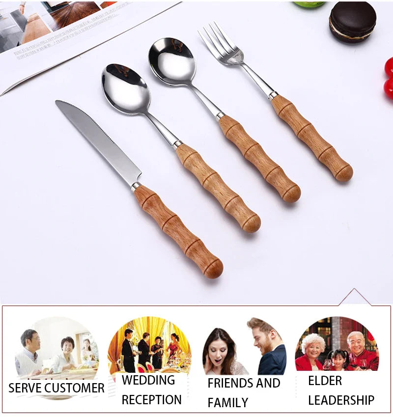 Afralia™ Stainless Steel Wood Handle Cutlery Set for Western Food Desserts