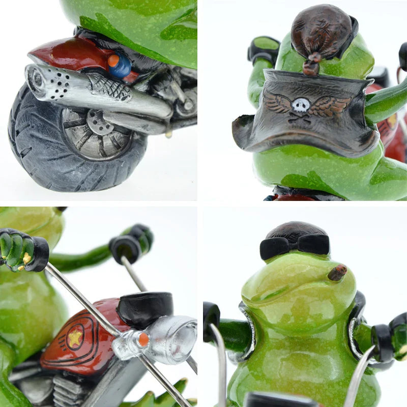 Afralia™ Cool Frog Resin Cowboy on Motorcycle Figurine | Modern Sculpture Desk Ornament