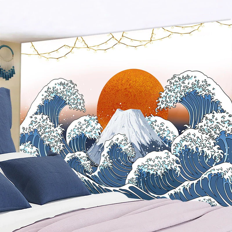 Afralia™ Kanagawa Waves Hanging Tapestry: Boho Sun Wall Tapestries, Bedspread, Yoga Mat