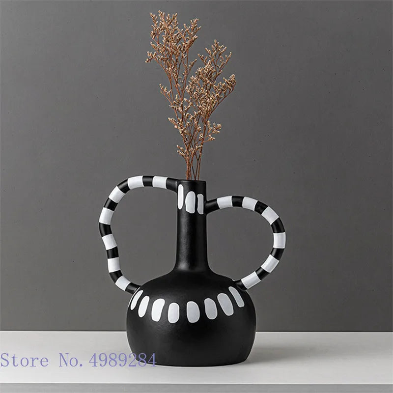 Afralia™ Ceramic Vase with Black and White Spots | Abstract Wave Point Design