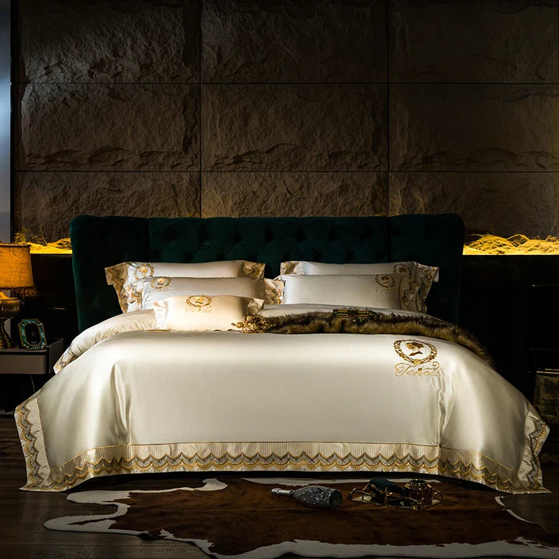 Luxury Brocade & Egyptian Cotton Embroidery Bedding Set by Afralia™ - Queen/King Size