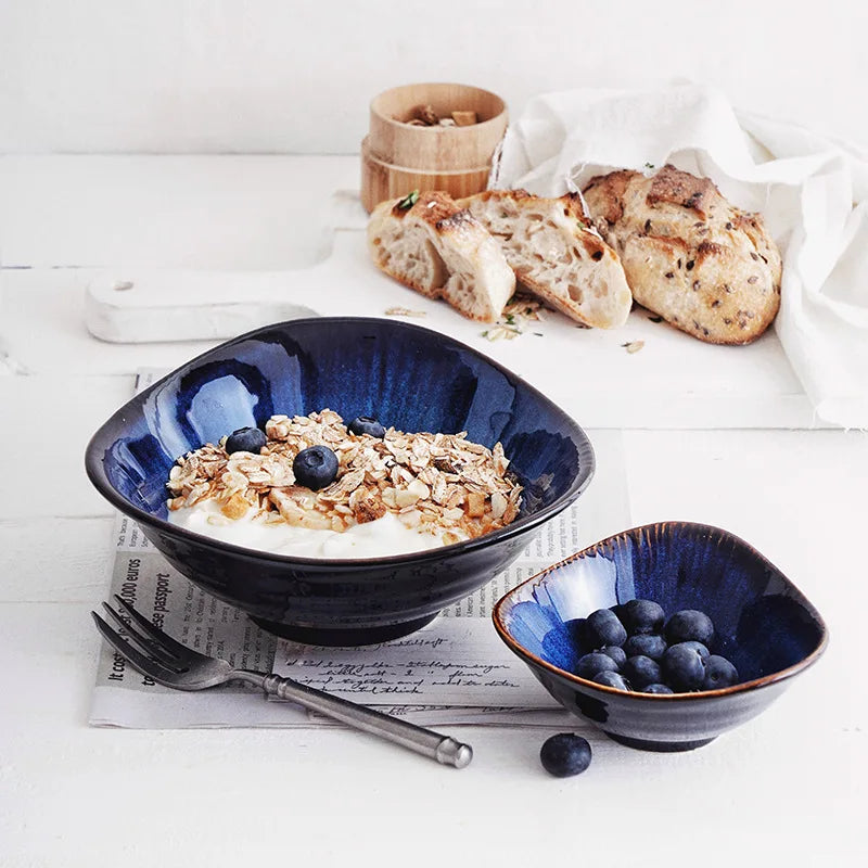 Afralia™ Ceramic Blue Glaze Tableware Plate Bowl Set - Eco-Friendly Porcelain, Solid Design