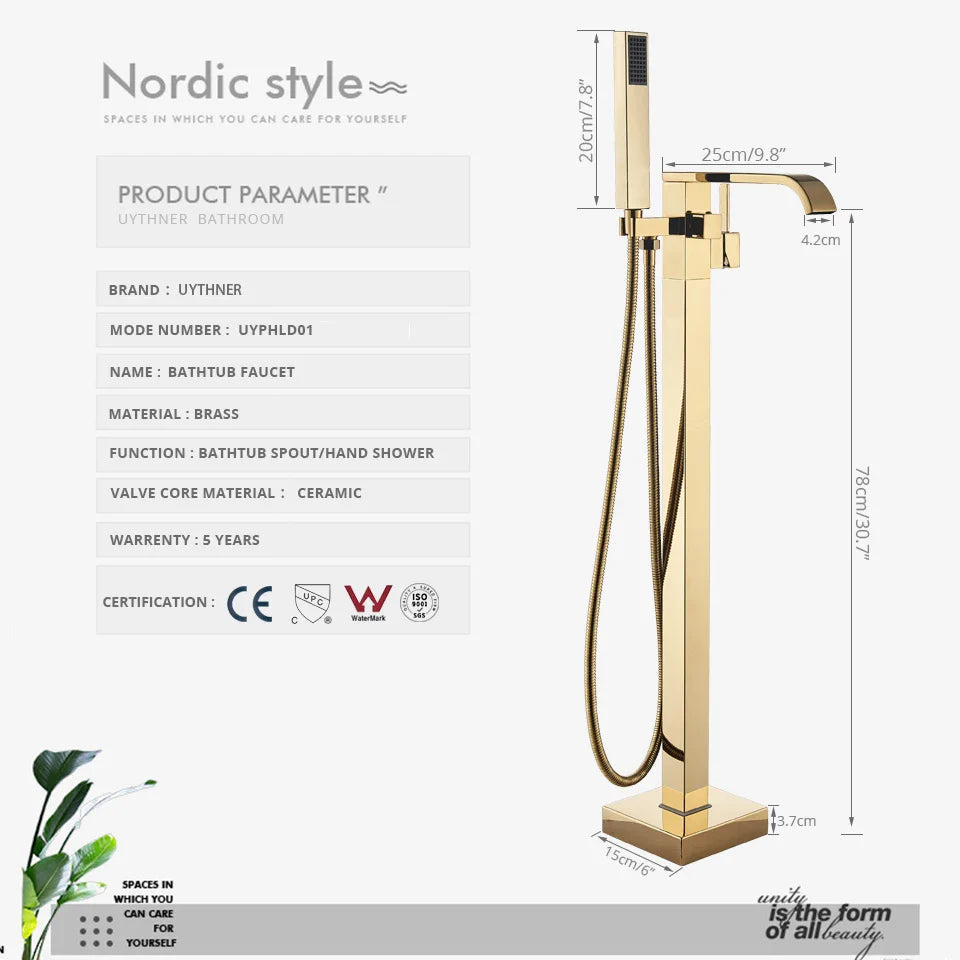Afralia™ Gold Bathtub Faucet Set Hot Cold Water Shower Mixer Tap Waterfall Floor Stand