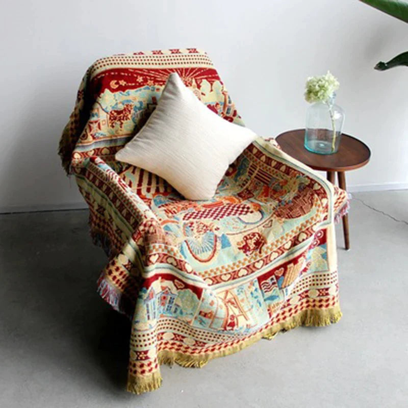 Afralia™ Bohemian Knitted Sofa Cover with Tassels - Soft Double Sided Couch Blanket