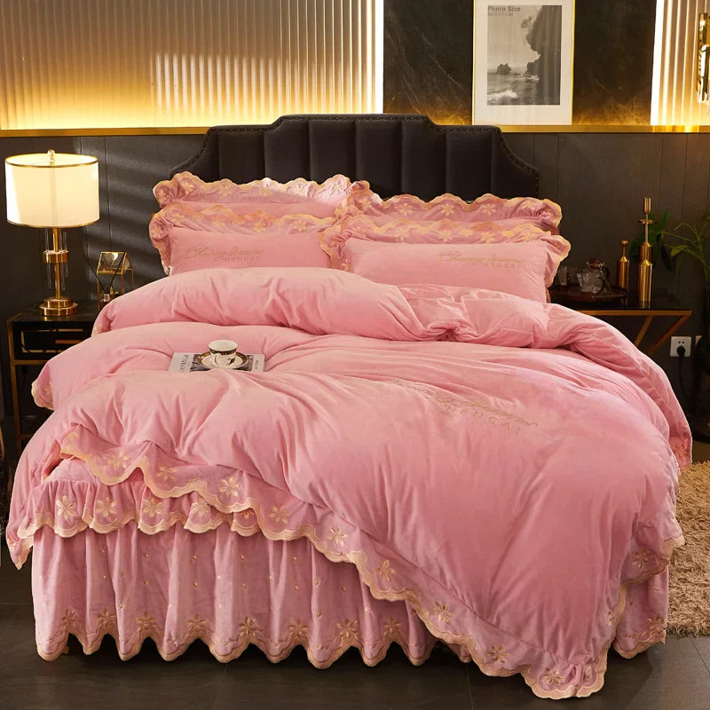 Afralia™ Velvet Bedding Set with Gold Embroidery & Ruffles