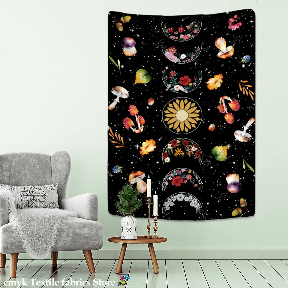 Moon Phase Flower Tarot Tapestry Wall Hanging by Afralia™ - Psychedelic Hippie Home Decor