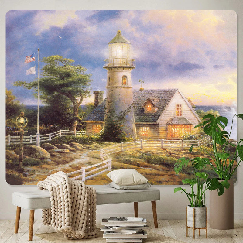 Afralia™ Nordic Forest Lighthouse Tapestry: Bohemian Bedroom Wall Decor