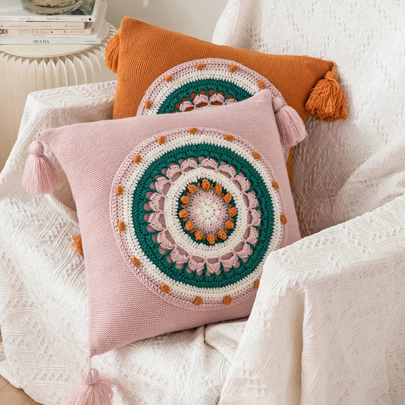 Afralia™ Floral Knit 45x45cm Cushion Cover with Tassels for Home Decoration