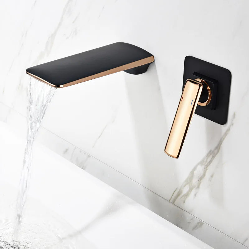 Afralia™ Rose Gold & Black Basin Faucet Set: In-Wall Waterfall Mixer Tap